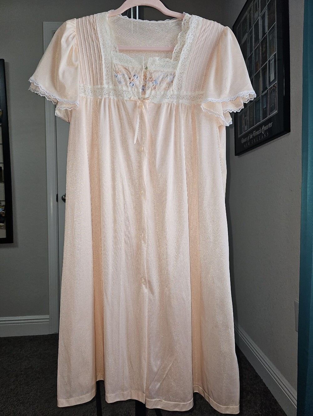 Vintage Lorraine Pink Nylon Nightgown & Matching Robe Lace & Embroidery Sz S